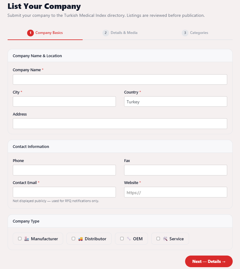 The List Your Company form on Turkish Medical Index, step 1: Company Basics